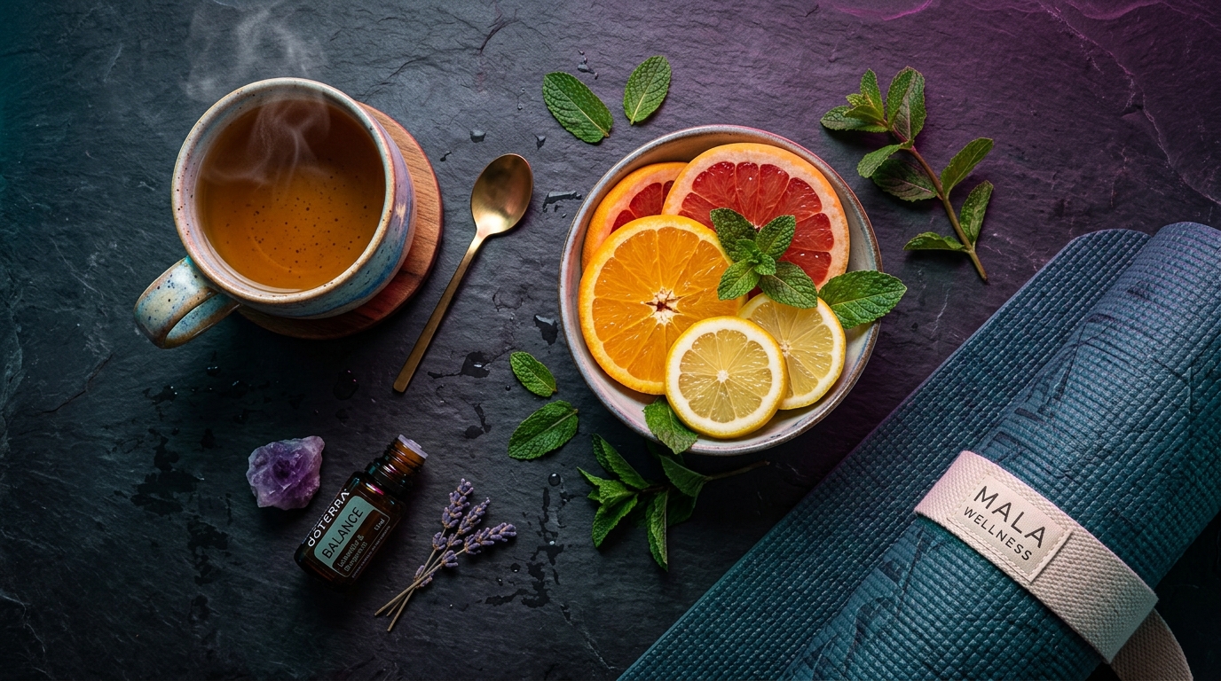 Ранковий wellness-ритуал з травʼяним чаєм та свіжими фруктами